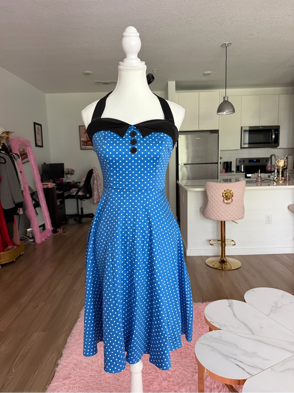 Retro blue white black Polka Dot Halter Swing midi Dress elegant